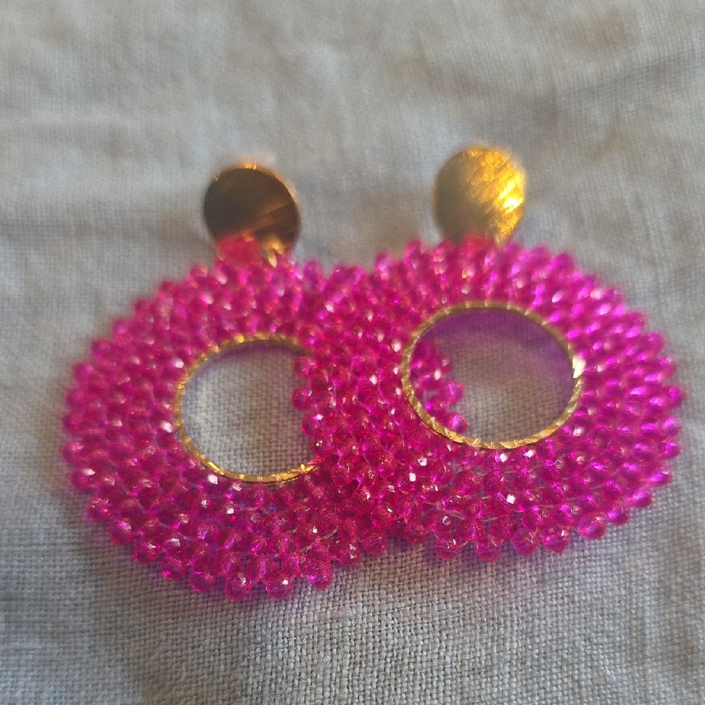 Pink and Gold Hoop Earrings with Seed Bead Design